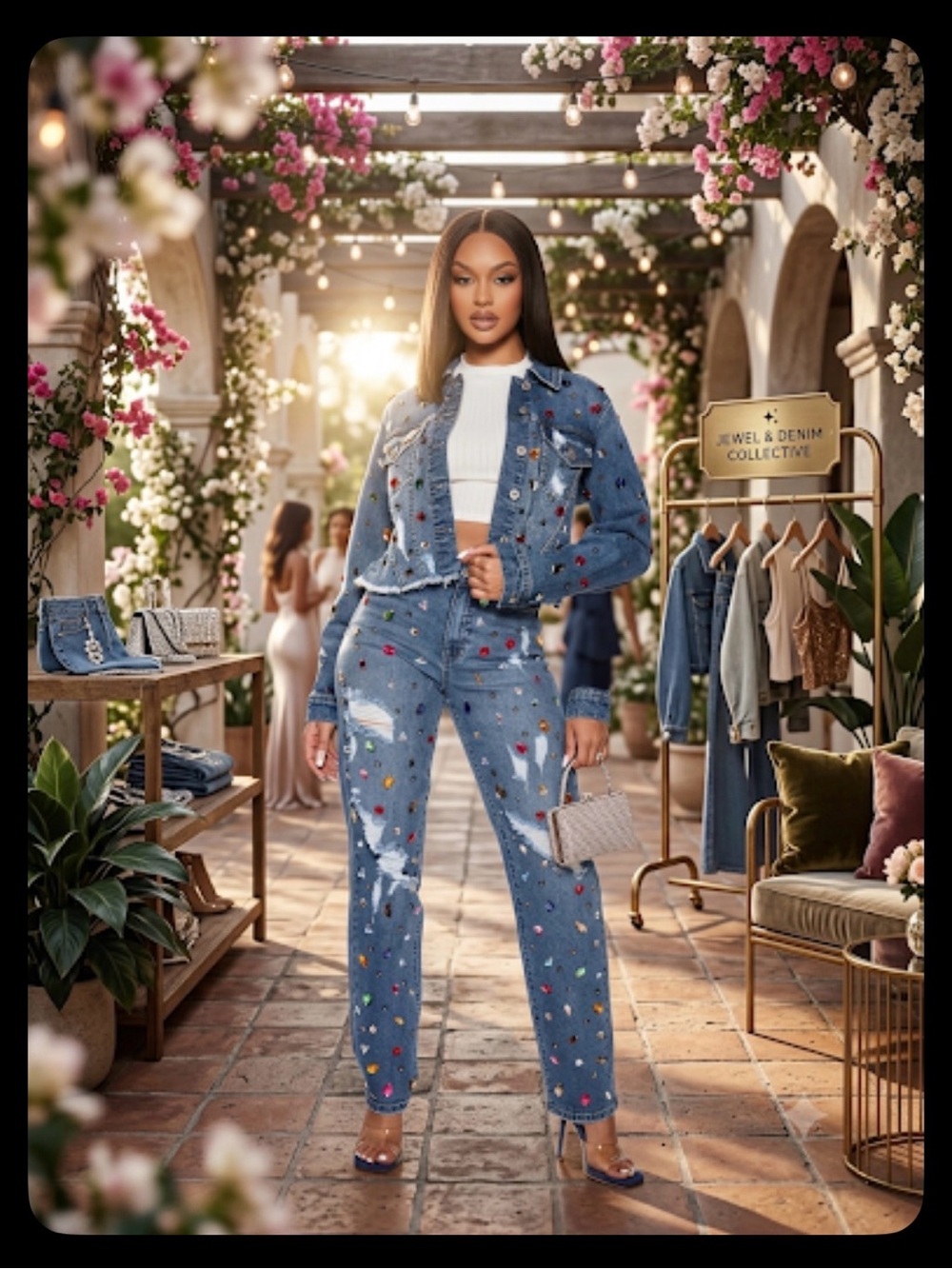 Fashion Nova Blue Embellished Straight Leg Denim Jeans Set
